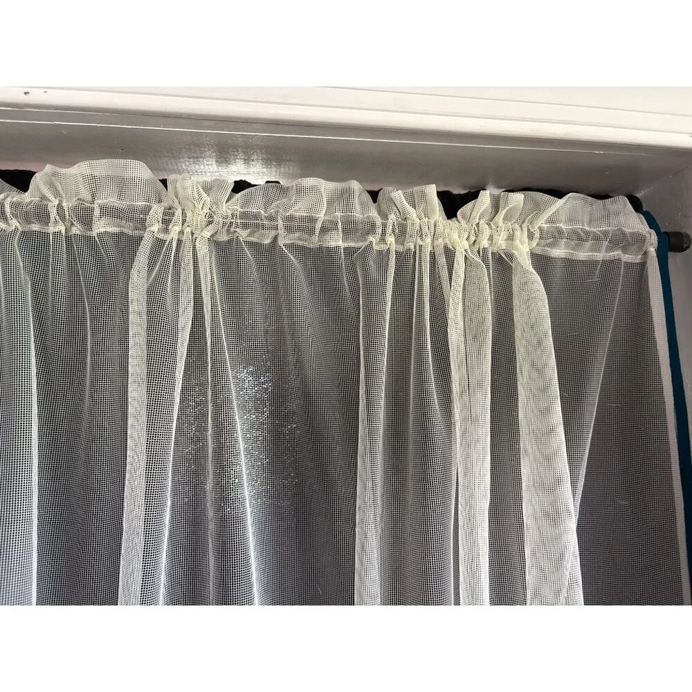 Sheer Cream Curtains with Teal Trim Set 2 39